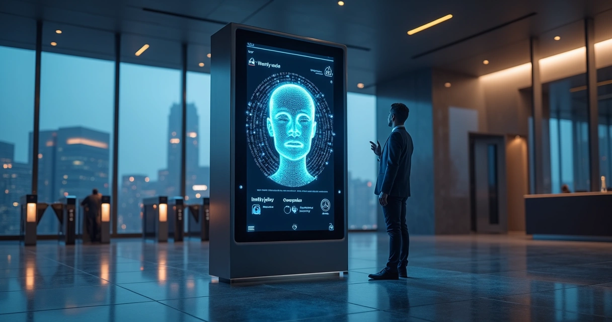 Totem futurista realizando autenticação biométrica em saguão corporativo moderno 