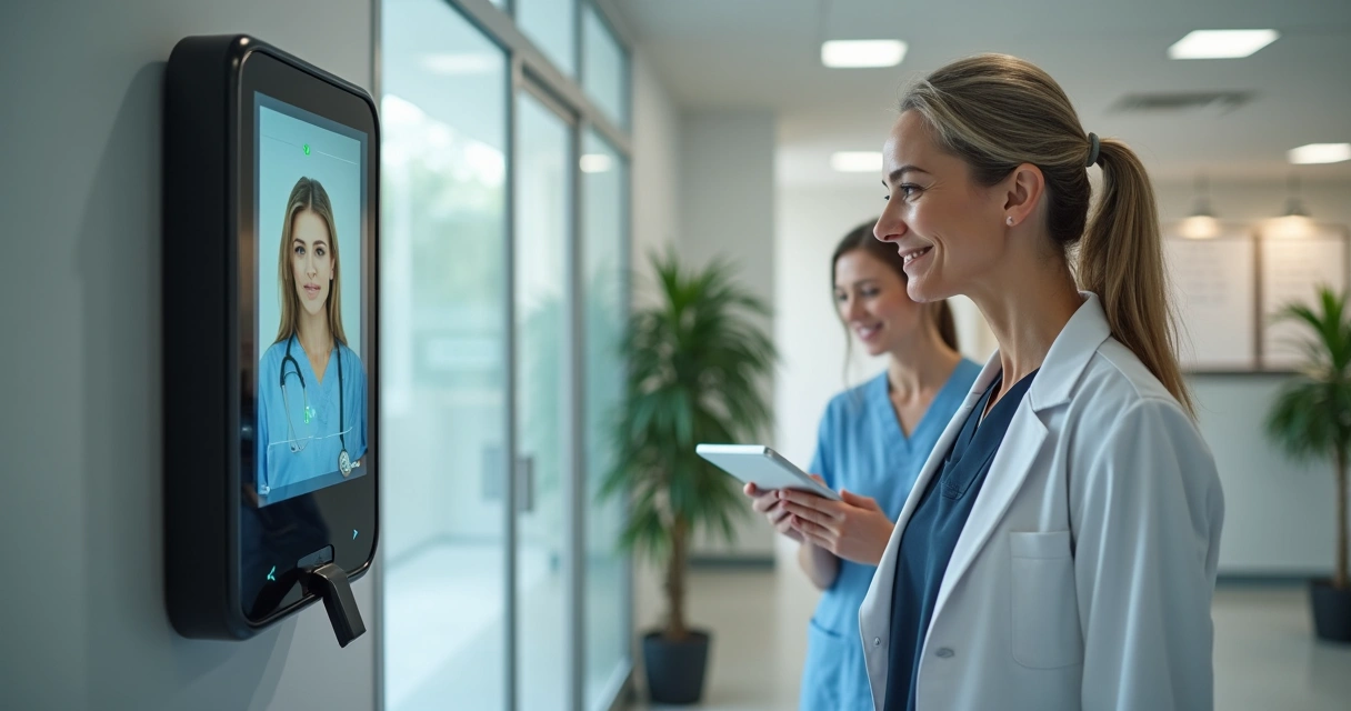 Paciente sendo identificado em clínica por reconhecimento facial 