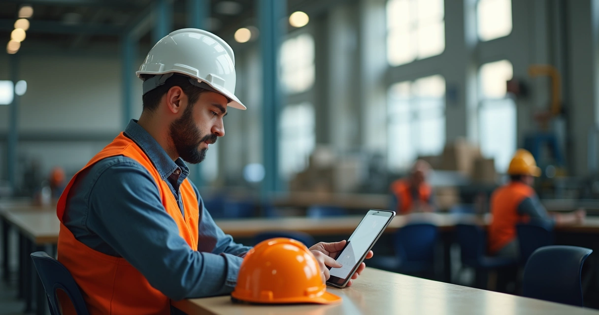 Trabalhador acessando conteúdo de treinamento de segurança do trabalho em um tablet no local de trabalho com capacete e EPIs ao lado. 