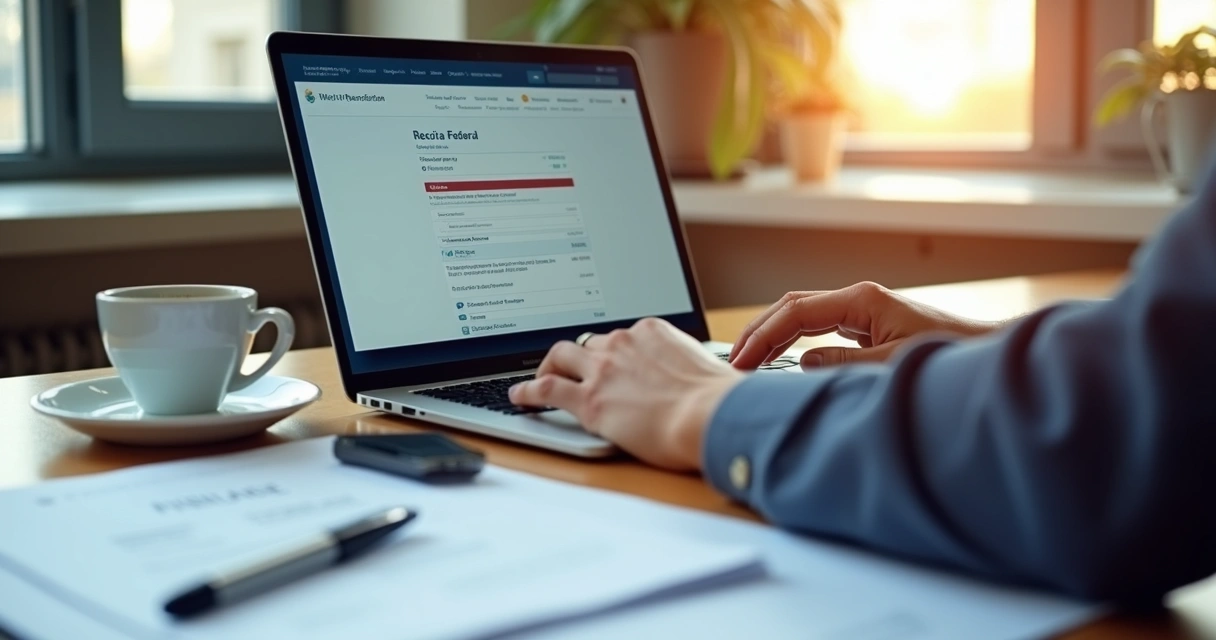 Contador com notebook acessando sistema da Receita Federal 
