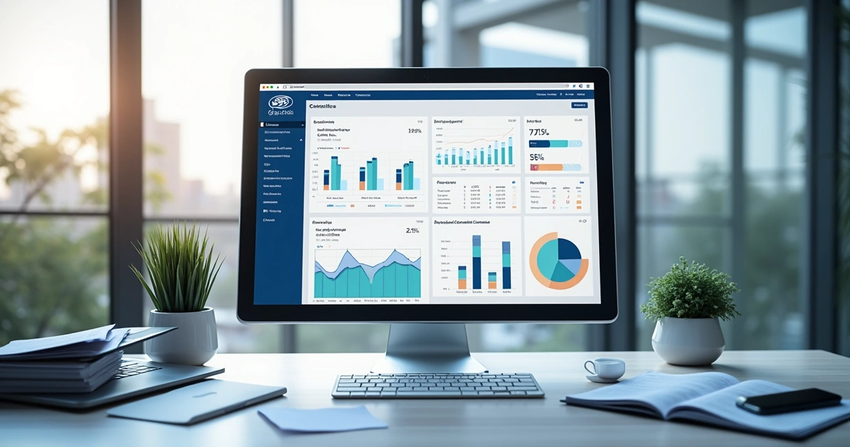 Tela de computador exibindo sistema FGTS Digital com dashboard financeiro para empresa 