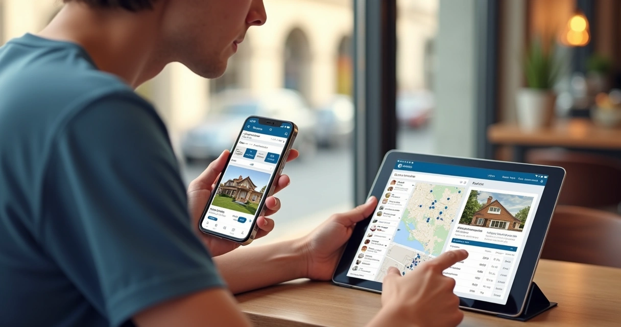 Pessoa usando celular e tablet para gerenciar imóveis e visualizar gráficos 