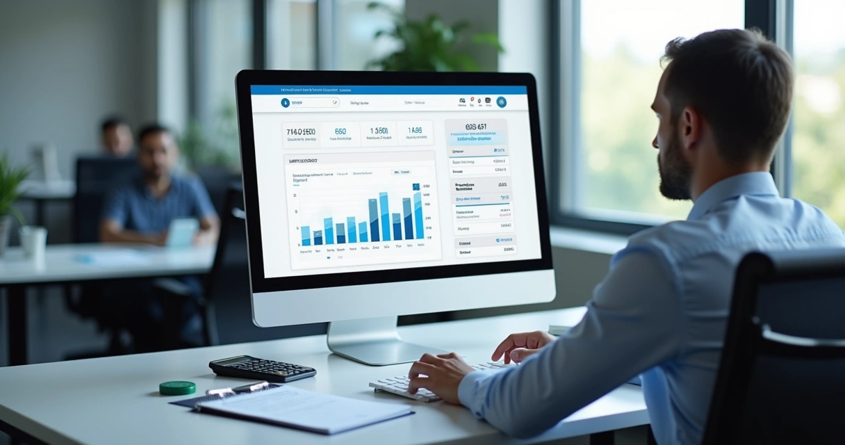 Profissional usando portal fiscal no computador 