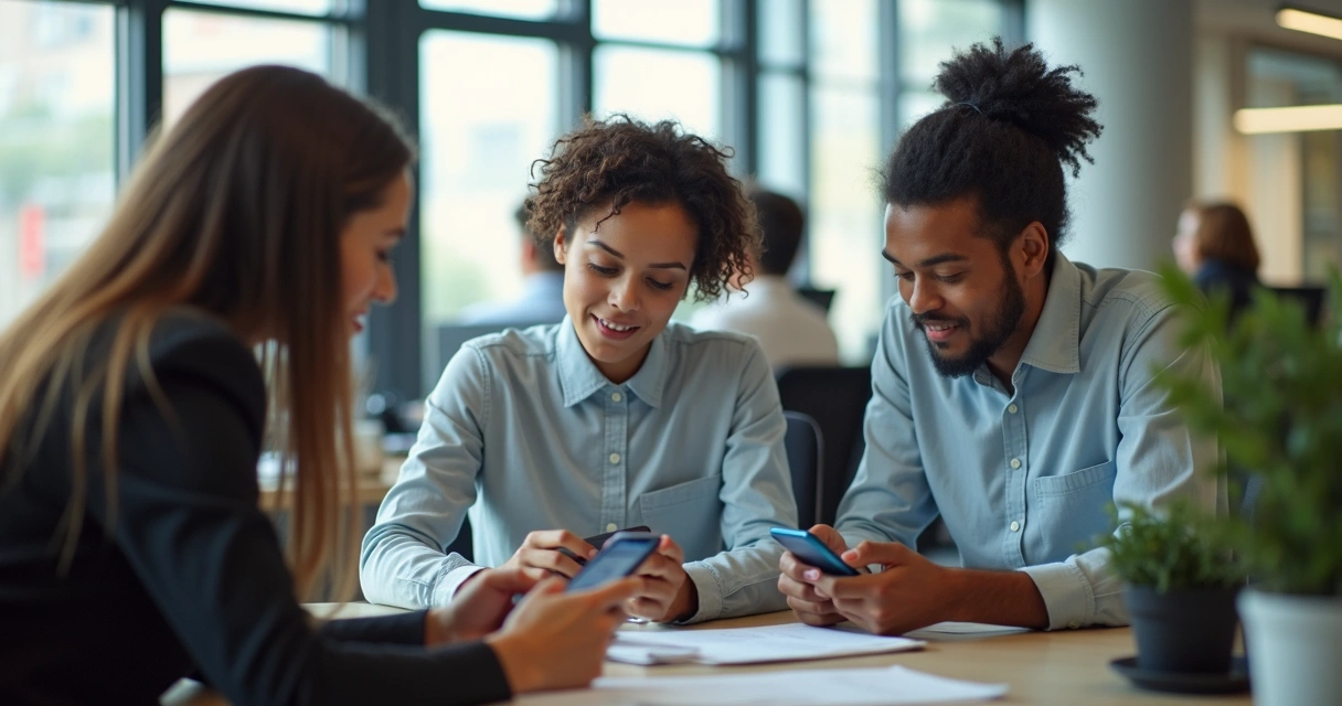Colaboradores usando celulares para aprender no ambiente de trabalho