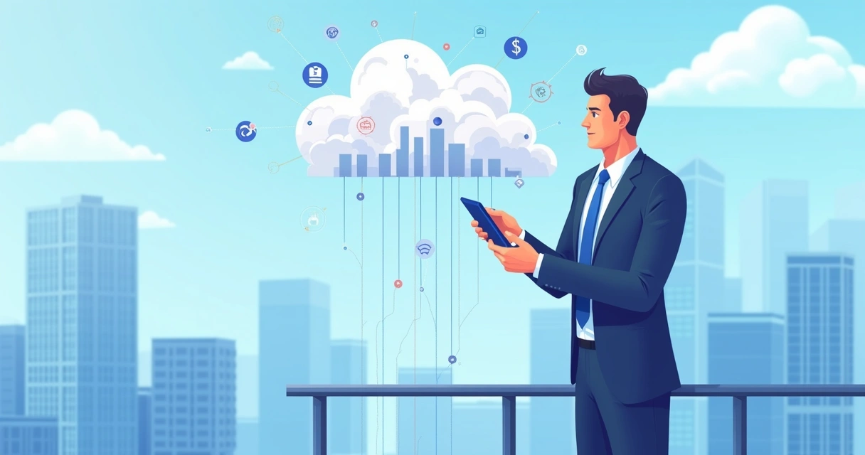 Profissional de terno usando smartphone para acessar dados na nuvem com prédios de cidade ao fundo 
