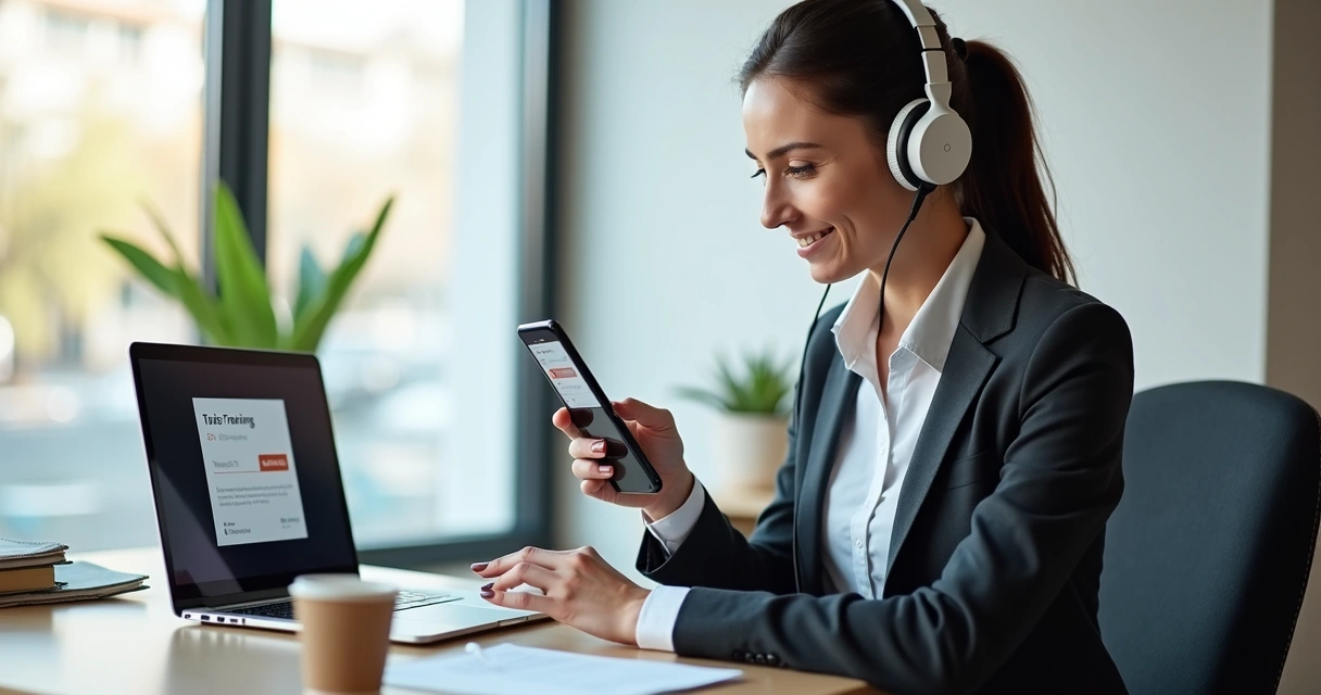 Profissional acessando microlearning no celular e notebook ao mesmo tempo 