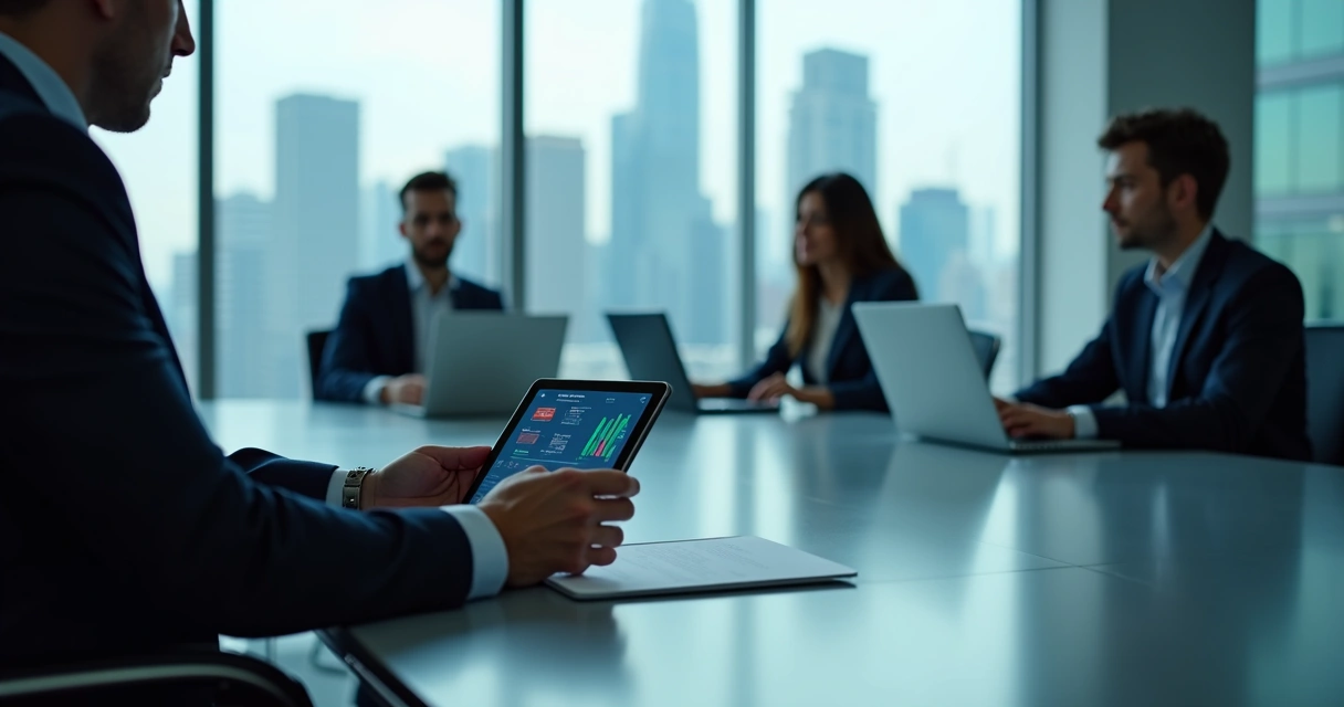 Empresário acessando finanças no tablet em sala de reunião