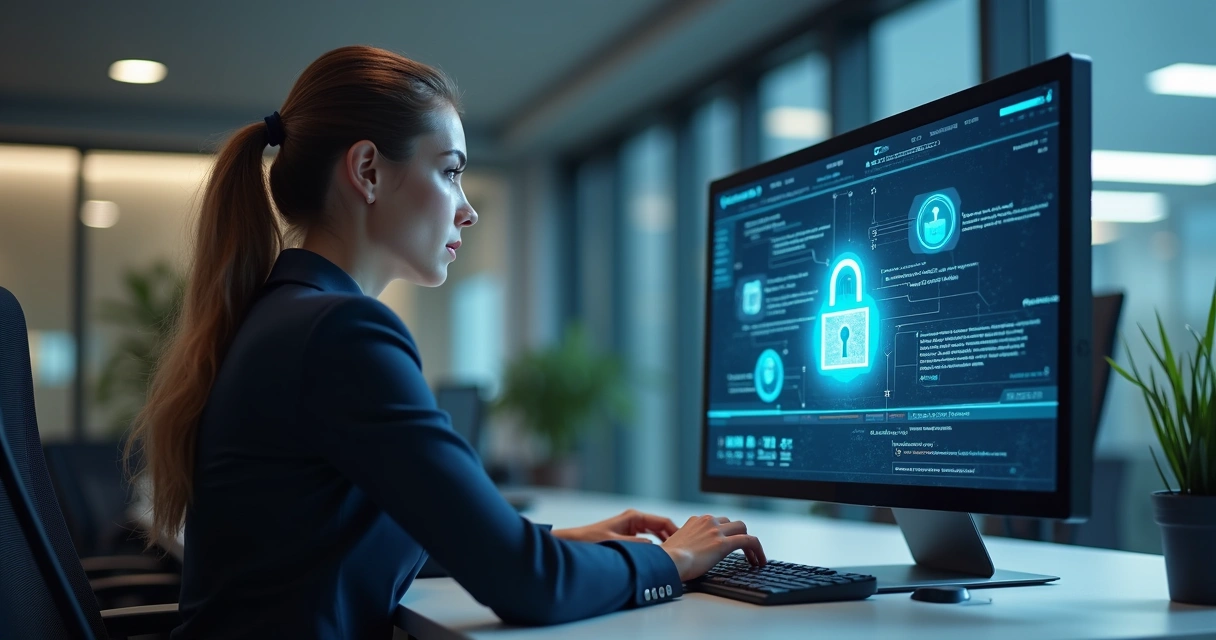 Gestora de TI faz login seguro em computador corporativo 