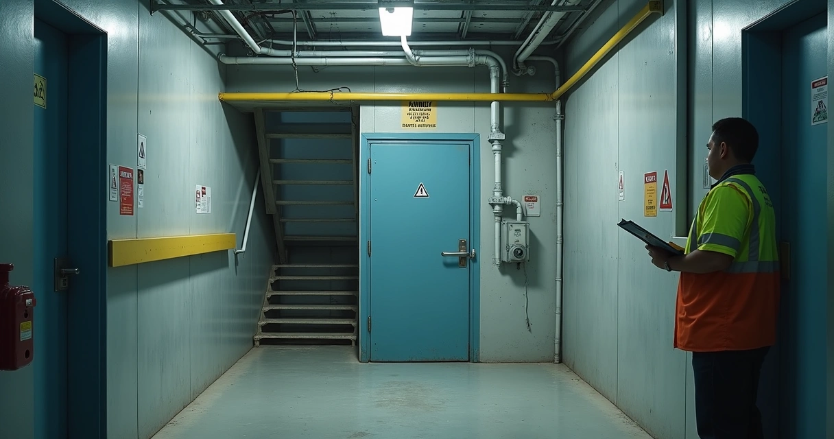 Porta de acesso técnico com escada e iluminação reduzida 