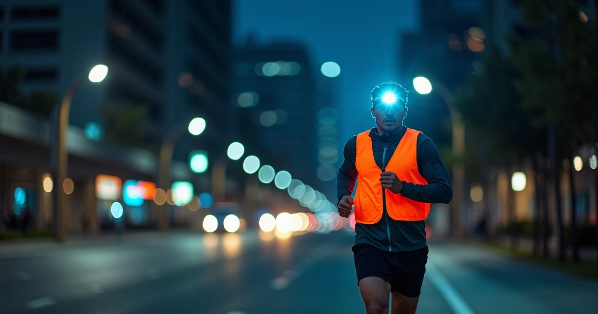 Corredor com lanterna de cabeça e cinta refletiva em prova noturna 