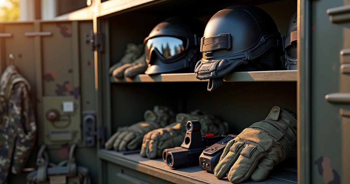Acessórios de airsoft organizados em armário tático