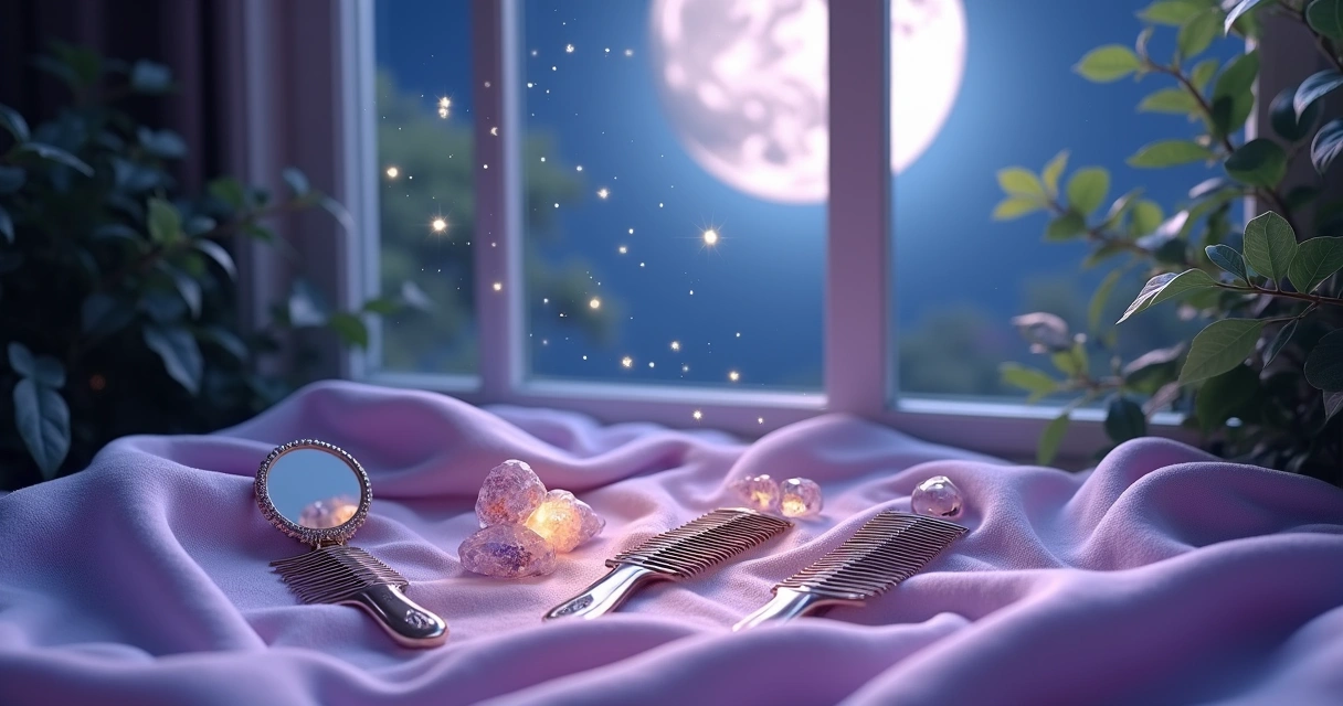 Vários acessórios de beleza em pano lilás ao luar