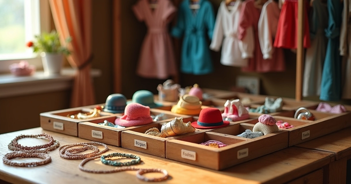 Acessórios de boneca como colares, chapéus e sapatos organizados 