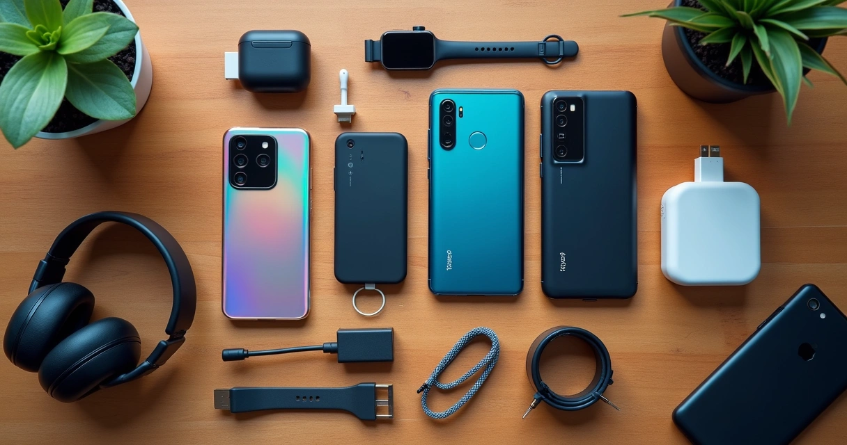Vários acessórios para celulares Android organizados sobre uma mesa. 