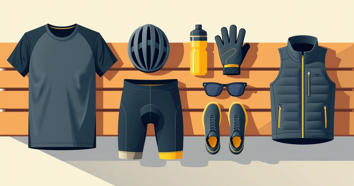 Acessórios de ciclismo organizados ao lado de roupa esportiva