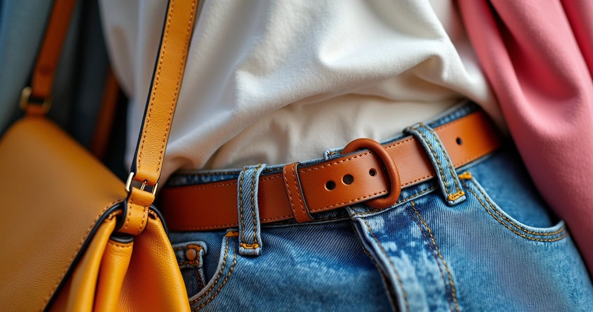 Detalhes de acessórios coloridos como cintos, bolsas e lenços em cima de roupas básicas 