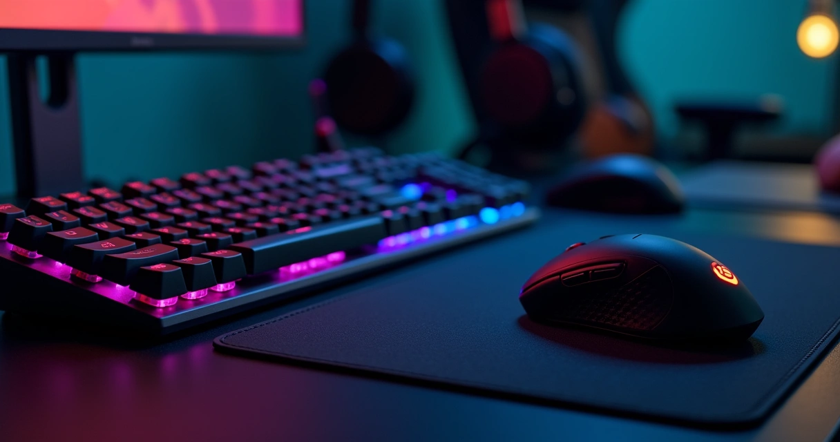 Teclado mecânico com luz RGB e mouse gamer em mesa escura 