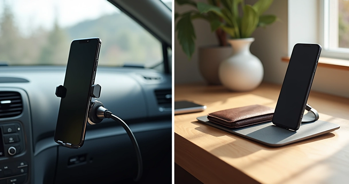 Acessórios magnéticos para smartphone em uso no carro e na mesa