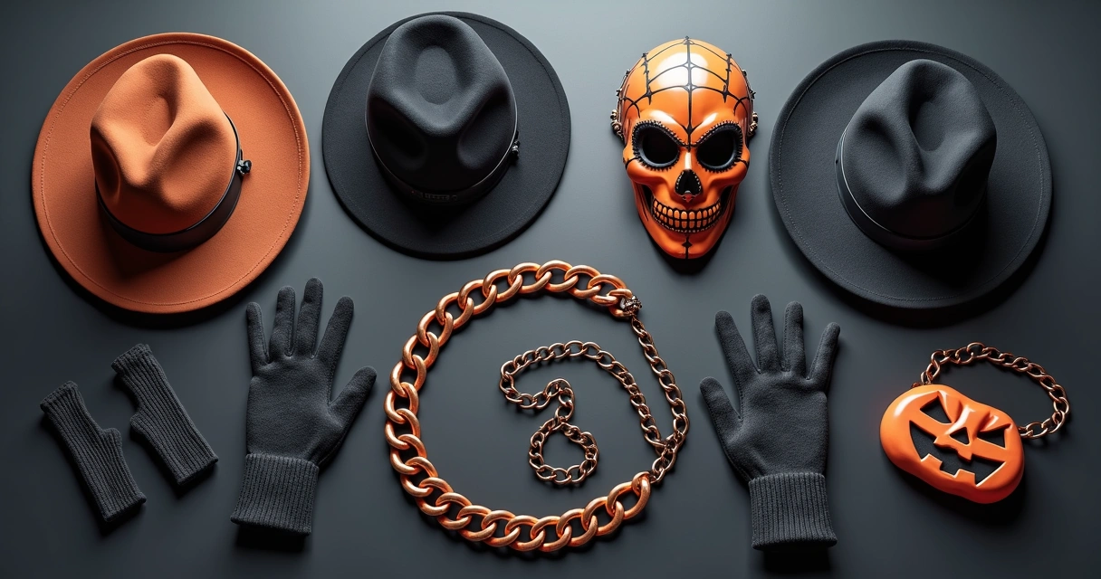 Acessórios masculinos variados para Halloween sobre superfície escura