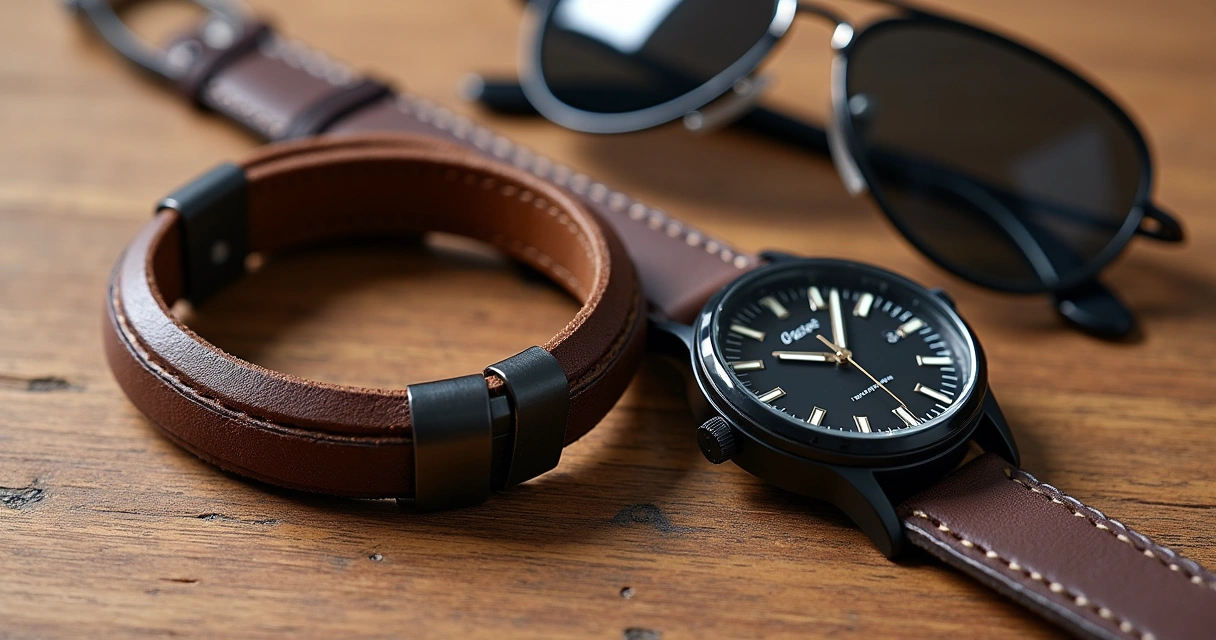 Pulseiras masculinas, relógio de pulso e óculos de sol sobre mesa 
