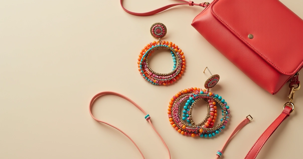 Maxi brincos coloridos, mini bolsa e pulseiras longas em fundo neutro