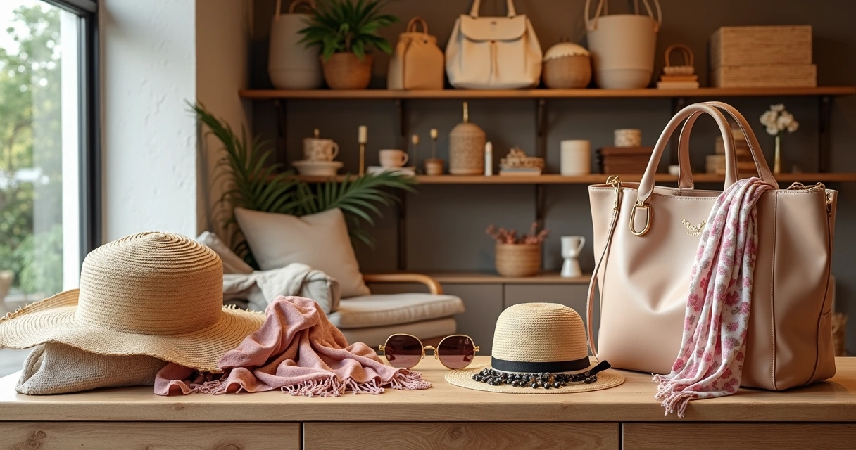 Acessórios femininos como chapéus, bolsas grandes e óculos dispostos sobre balcão de loja.