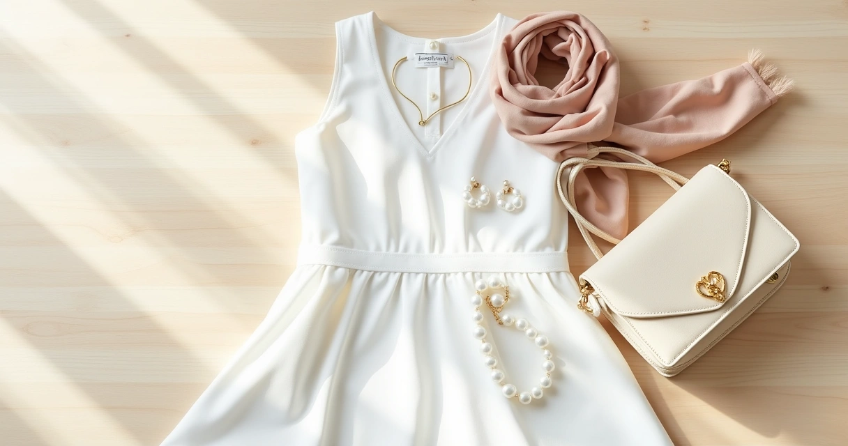 Acessórios femininos neutros e delicados sobre vestido branco modesto 