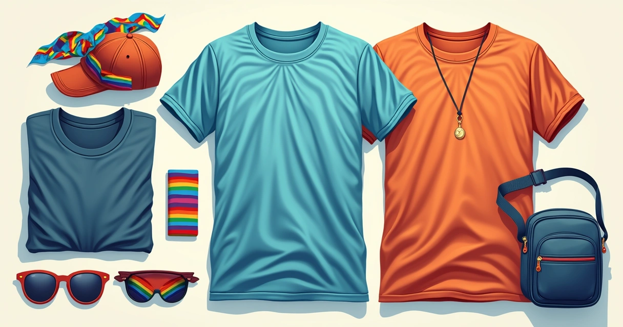 Acessórios coloridos ao lado de camisetas masculinas