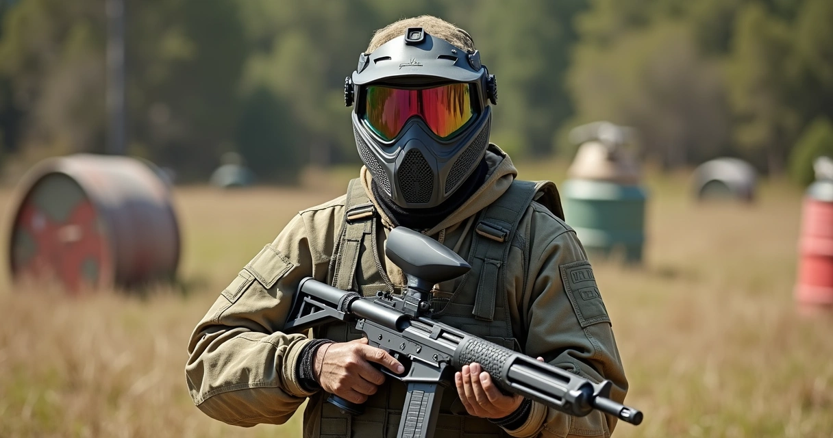 Jogador de paintball com máscara, colete tático e lança-marcador em cenário outdoor com equipamentos espalhados 