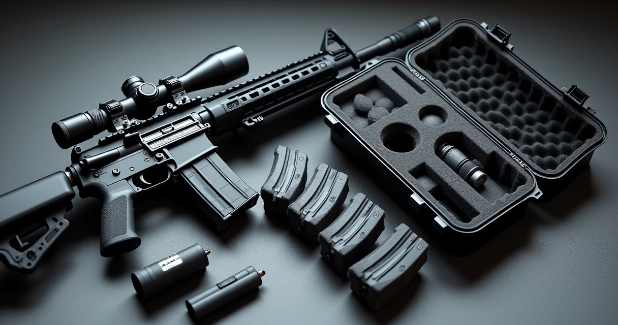 Kit de acessórios para armas de airsoft sobre uma superfície tática fosca, incluindo luneta, carregadores extras, abafador, prolongador de cano e maleta de transporte preta aberta mostrando organização interna 