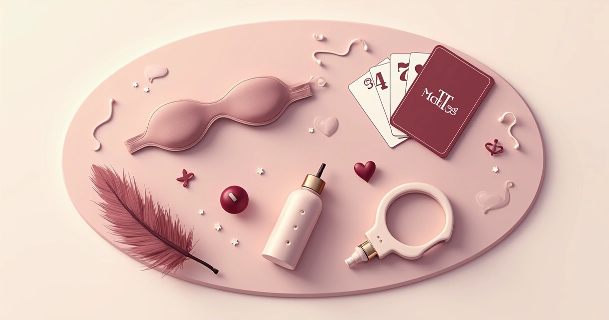 Conjunto de acessórios sensuais para preliminares organizados sobre fundo colorido 