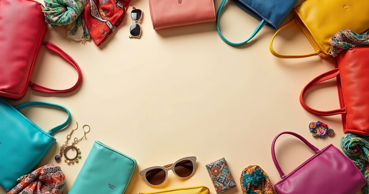 Acessórios femininos coloridos organizados sobre uma superfície clara 