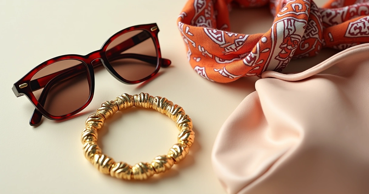 Óculos grandes, bandana e bolsa oversized em fundo neutro 