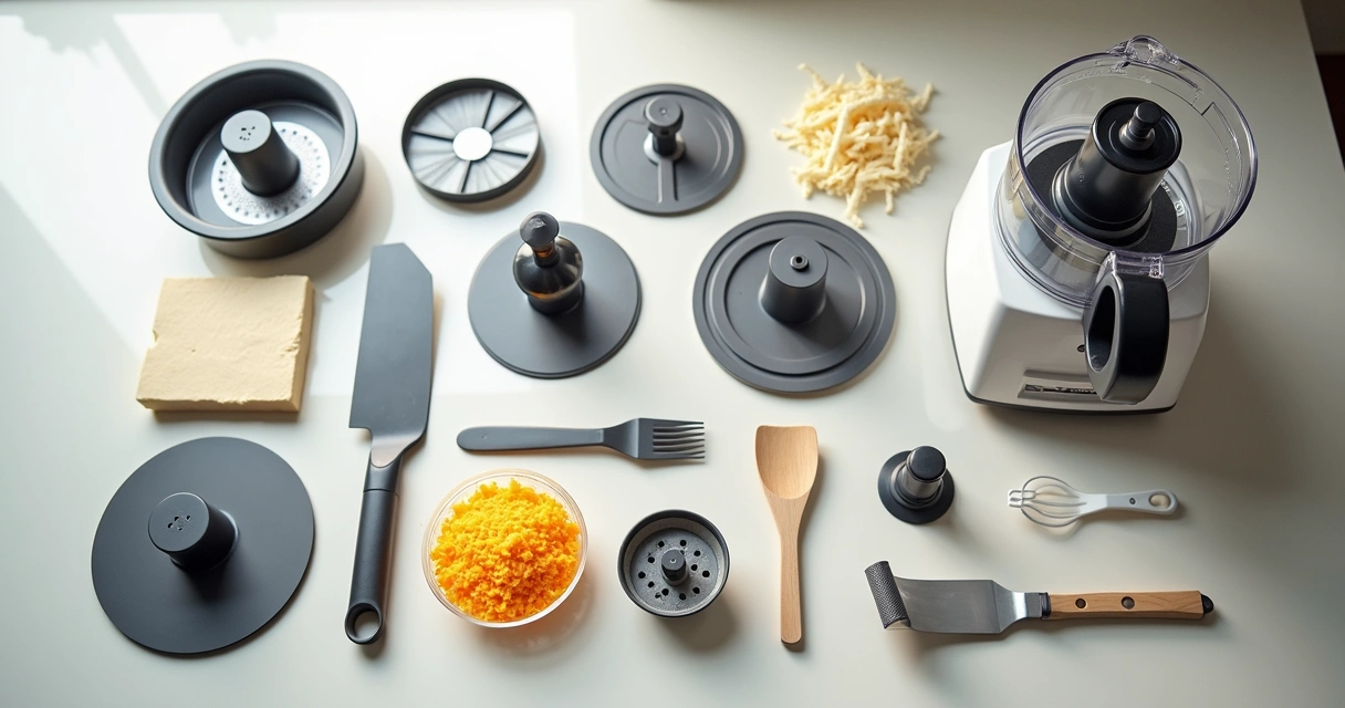Acessórios de processador de alimentos organizados na bancada 
