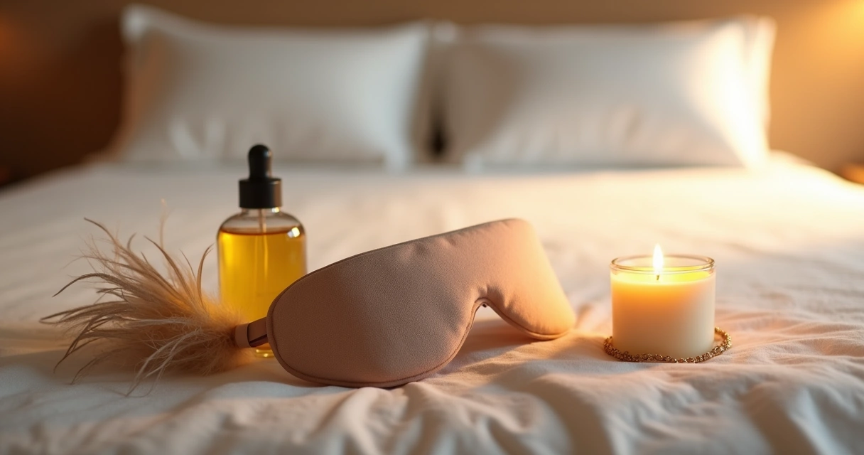 Acessórios sensuais dispostos sobre a cama