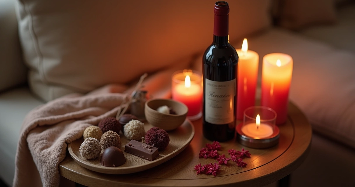 Acessórios sensuais organizados em mesa ao lado de chocolates e vinho para casal 