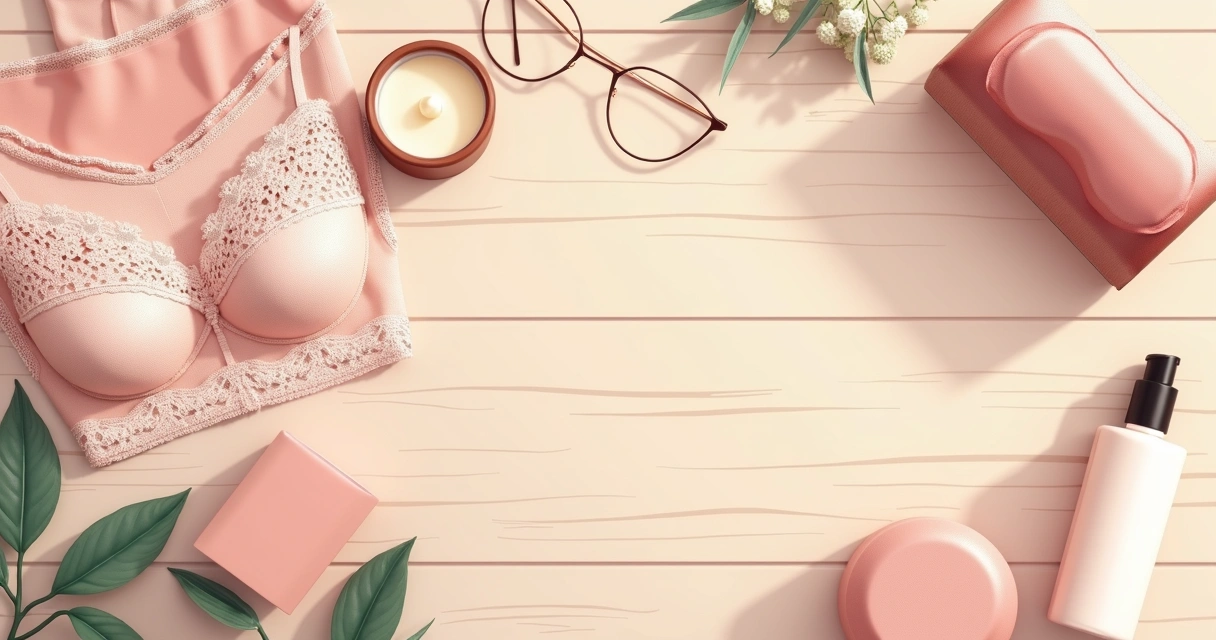 Acessórios sensuais discretos organizados em mesa clara