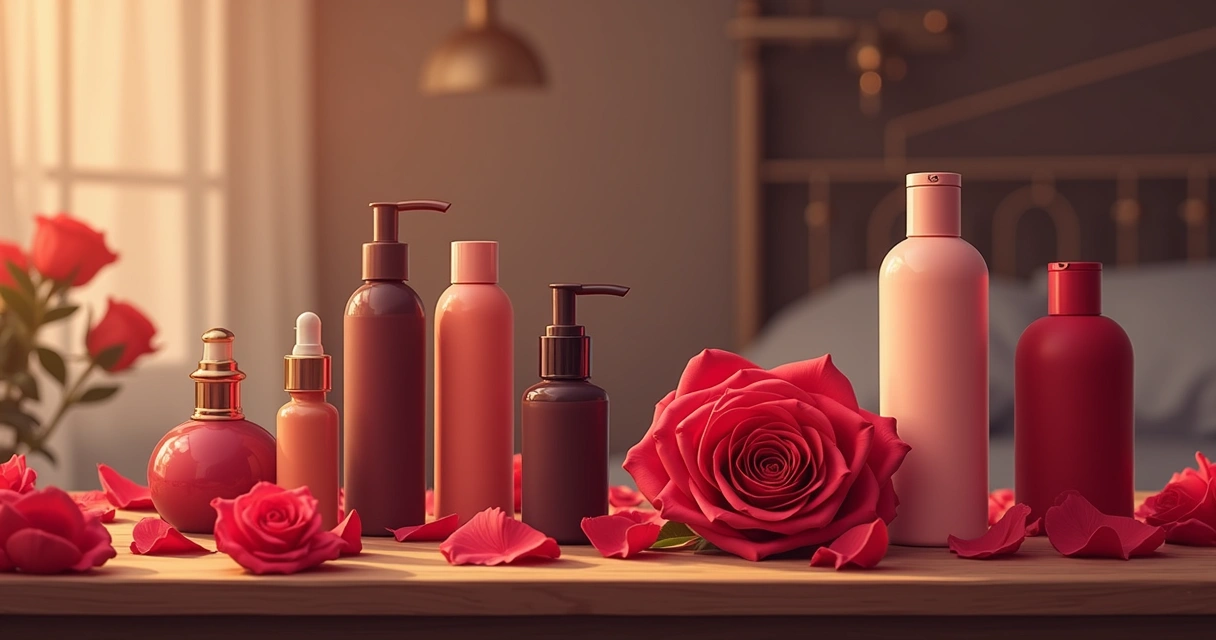 Acessórios sensuais dispostos em uma mesa de madeira, com pétalas vermelhas ao redor 