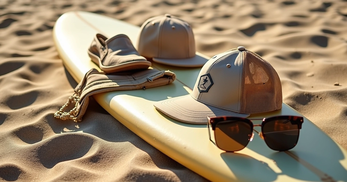 Acessórios de surf e lifestyle em cima de uma prancha na areia da praia. 