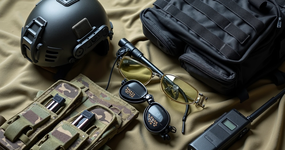Conjunto de acessórios táticos para airsoft sobre uma superfície camuflada, incluindo capacete, óculos de proteção, mochila, colete tático e rádio de comunicação 