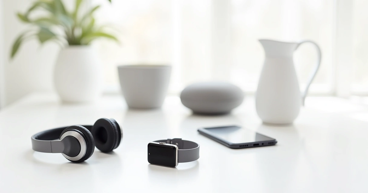 Headphones Bluetooth e smartwatch ao lado de smartphone 