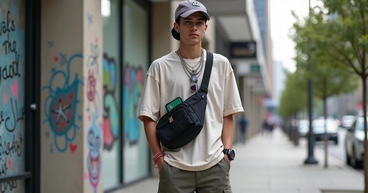 Jovem com look streetwear usando acessórios urbanos estilosos na rua 
