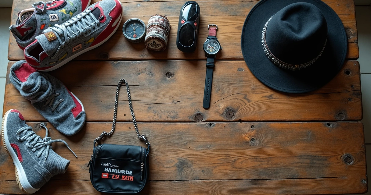 Acessórios urbanos estilizados espalhados em uma mesa de madeira 