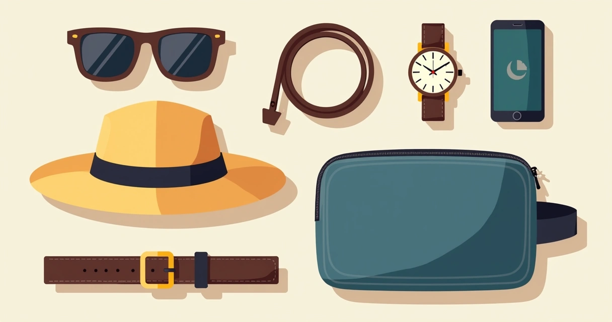 Acessórios de viagem para homem no verão europeu, incluindo óculos, chapéu, cinto e relógio