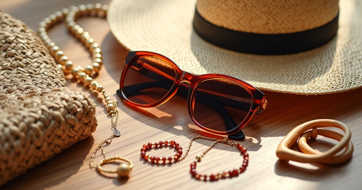 Acessórios femininos naturais para primavera verão em cima de mesa de madeira 