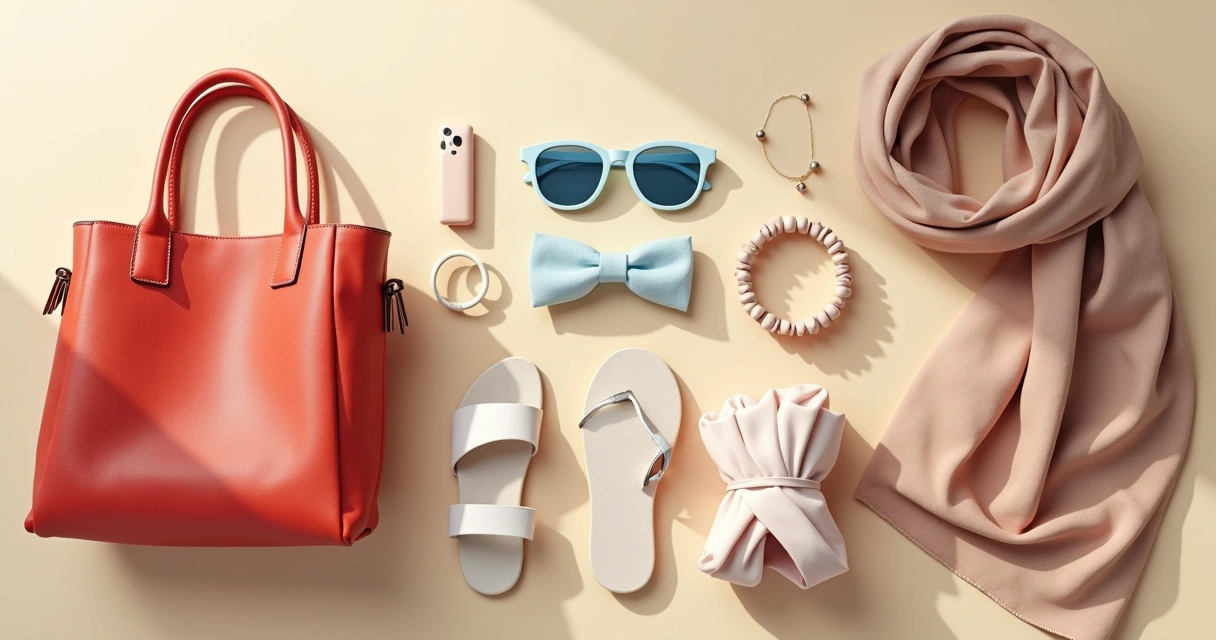 Coleção de acessórios femininos em tons pastel e vermelho em fundo claro 