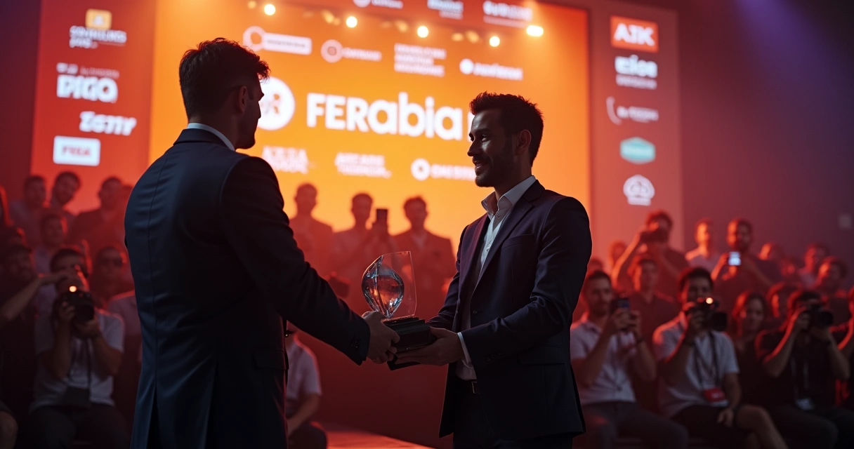 Professional holding award in front of international audience 