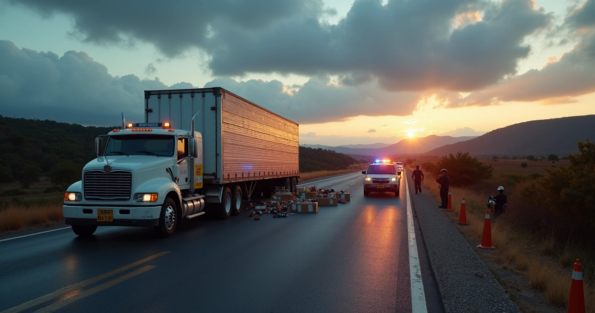 Caminhão tombado na BR-381 com carga espalhada e viatura da polícia rodoviária 