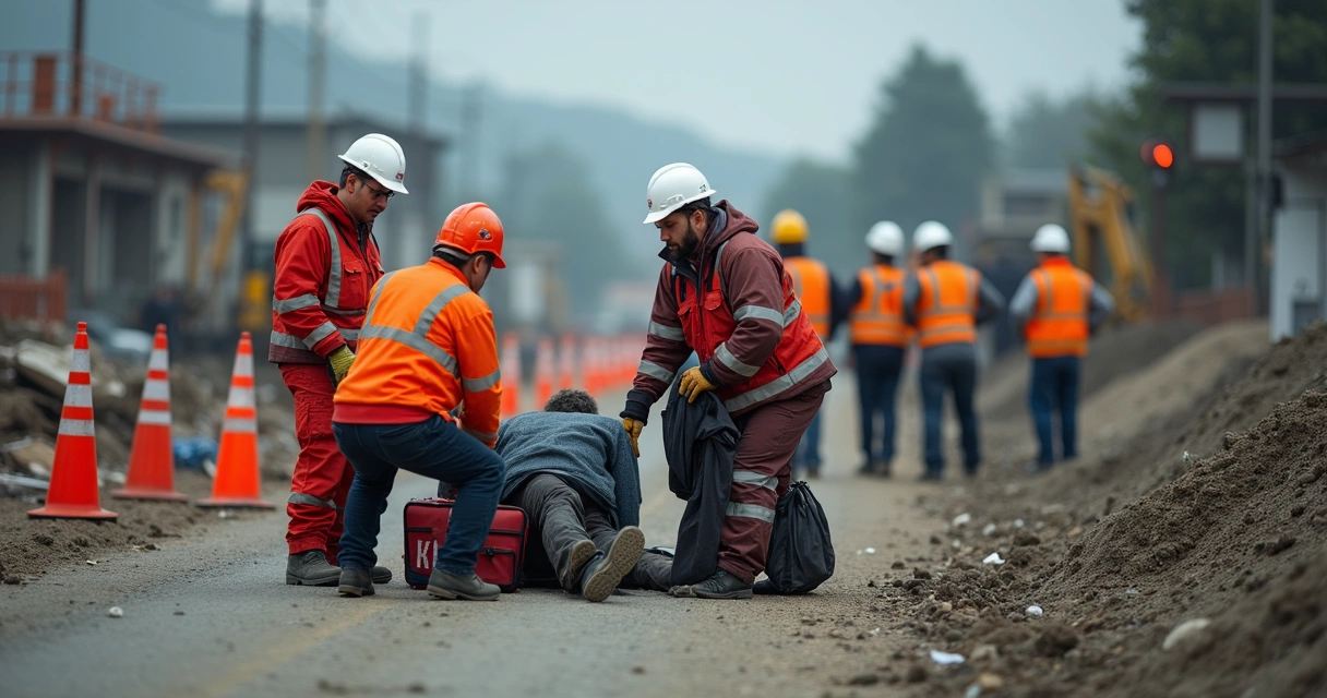 Simulação de acidente em obra com equipes de resgate