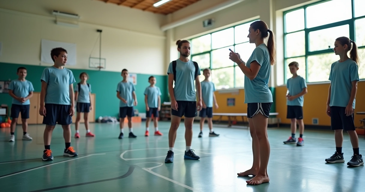 Professor orientando alunos durante atividade de educação física na quadra de escola 
